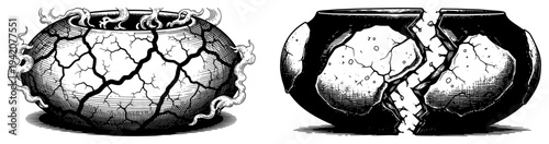 Broken and smoking cracked clay pots in hand drawn vintage engraving style