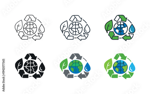 Resource management and economy icon featuring a leaf, globe, recycle symbol, and water drop, representing balanced economic