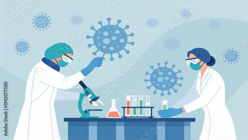 Scientists in lab coats and masks working with virus samples