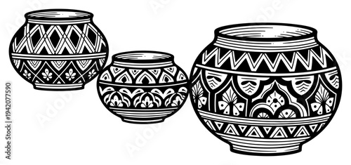 Traditional clay pots with ethnic geometric patterns in a clean woodcut engraving illustration style
