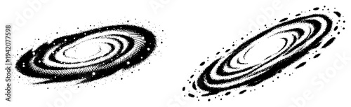 Vintage engraving style spiral galaxy illustration with dots and swirl patterns in black and white