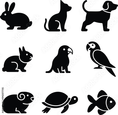 Collection of 9 black silhouette icons for common pets and farm animals