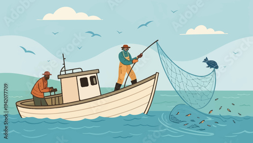 Fishermen catching fish with net in small boat on sunny ocean