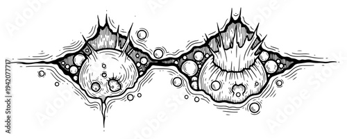 Symmetrical jagged cracks opening to reveal bubbling textures in hand drawn vintage engraving style