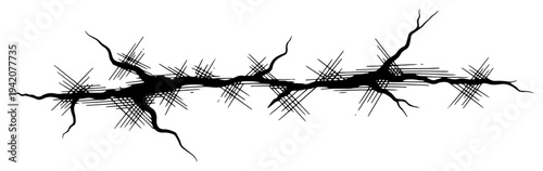 Long jagged ground crack with cross hatching details in hand drawn engraving style