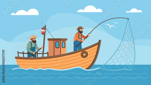 Two fishermen on a boat catching fish with a net in the ocean
