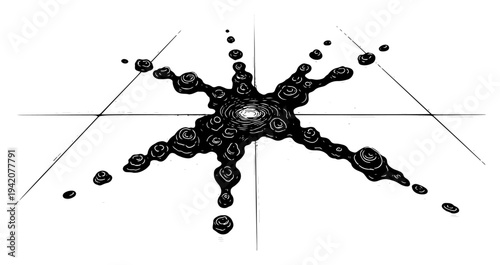 Large dark liquid splash on a tiled floor in detailed woodcut engraving style