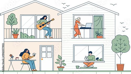 People enjoying lifestyle at home with plants and technology