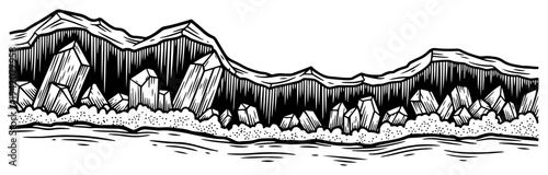 Vintage hand drawn underground cave with large crystals and rock formations in woodcut style