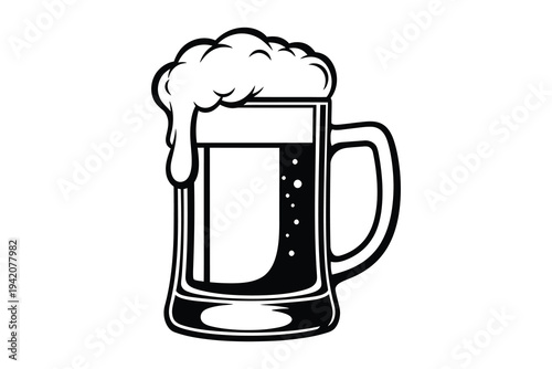 A black and white illustration of a frothy beer mug with a handle, full of dark liquid and bubbles, perfect for pub or brewery branding and advertising materials.