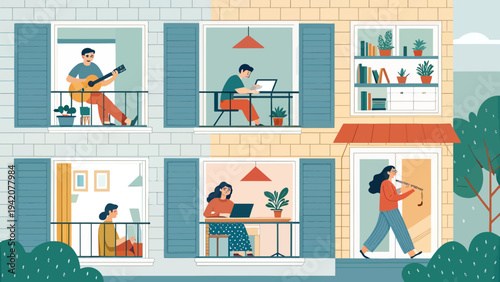 People working and relaxing from home in a vibrant neighborhood setting