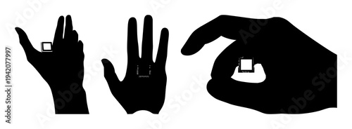 Bio-hacking microchip implant set with solid black silhouette and precise technical edges featuring transhumanism, biotech, futuristic design with human anatomy and cybernetic enhancement