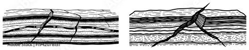 Geological earth layers cross section with fault lines in hand drawn vintage engraving style