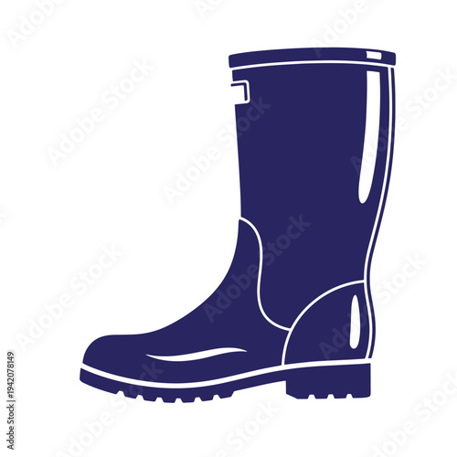 navy blue rubber rain boot with white outline and treaded sole for wet weather conditions  footwear