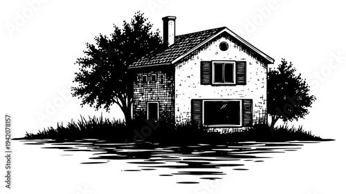 Traditional house in landscape with trees and water reflection in hand drawn engraving style