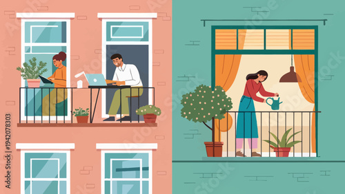 People working and gardening on colorful balconies in modern residential buildings