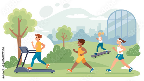 People exercising together in a vibrant park with modern cityscape