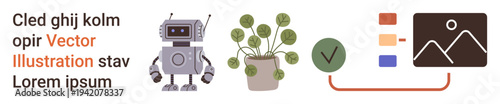 Artificial intelligence, environmental sustainability, data organization, technological innovation, eco-friendliness, robotic automation. Robot, plant checkmark icons. Artificial intelligence