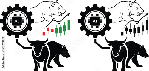 Artificial intelligence ai in financial market trading with bull and bear icons candlestick charts and digital gear for automated stock analysis.