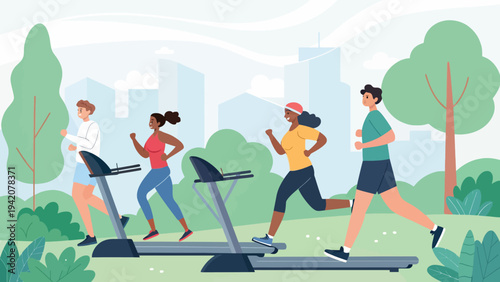 Diverse group of friends running on treadmills in a vibrant outdoor setting