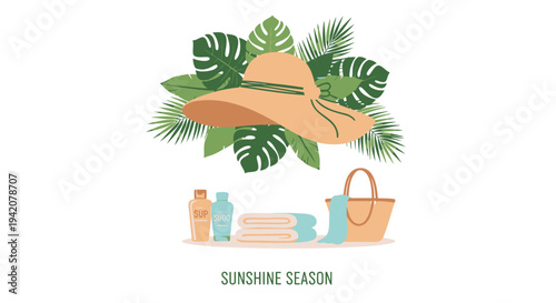 Vector summer vacation icons set with hat, leaves, bag and accessories