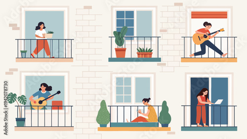 People enjoying leisure activities on balconies with plants and city views