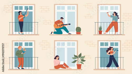 People enjoying hobbies on balconies with laptops and instruments