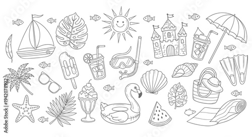 Set of 25 beach icons vector, line art summer symbols