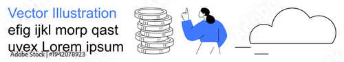 Cloud computing, digital technology, financial management, online data, futuristic innovation, remote storage. Stacks of coins, a pointing person and a cloud icon. Cloud computing and digital