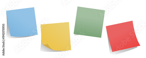 Set of stickers: blue, red, green and yellow with curved corners and soft shadows, isolated on a white background.