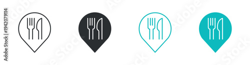 Restaurant location icon set, fork and knife food map pin symbol, in outline and solid silhouette style. Vector illustration.
