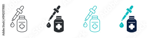 Medicine dropper icon set, pipette with medicine bottle and drop, in outline and solid silhouette style. Vector illustration.