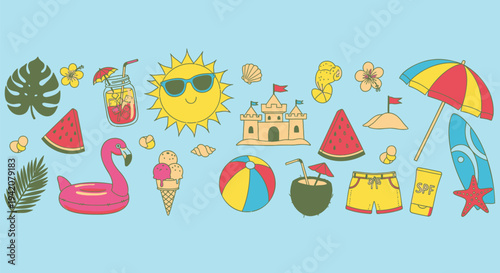Set of 20 colorful summer icons vector