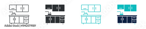 Kitchen cabinet icon set, kitchen furniture sink counter cabinets, in outline and solid silhouette style. Vector illustration.