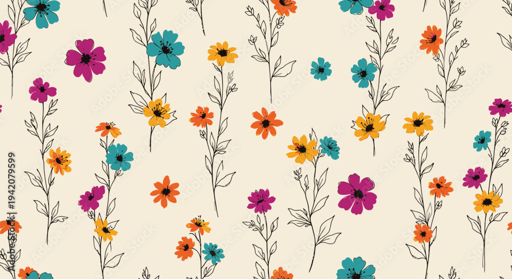 Fototapeta premium Colorful floral pattern vector, seamless flowers background