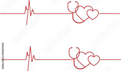 Red heart beat line displays rhythm of life on white backdrop, showcasing wellness.