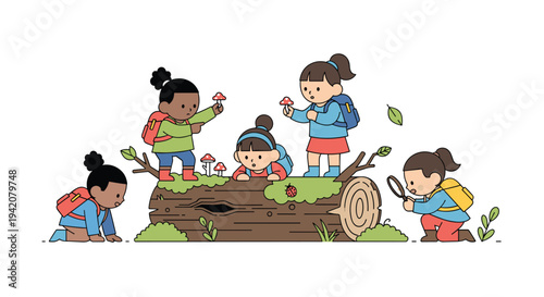 Five diverse children wearing colorful backpacks are actively exploring a moss-covered fallen log, examining mushrooms and a ladybug in a whimsical outdoor illustration.