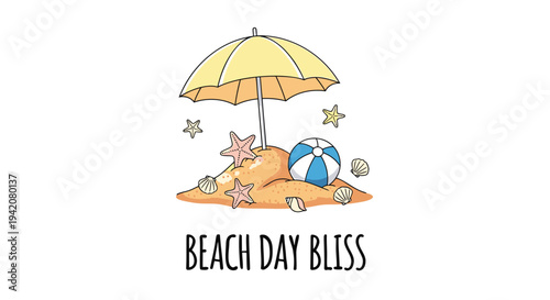 Beach Day Bliss vector illustration with umbrella, beach ball, and starfish