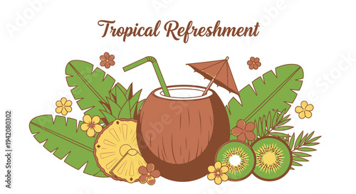 Tropical drink vector illustration with coconut, fruit and leaves