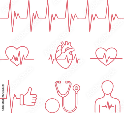 Heartbeat pulse line vector illustration. Cardiogram symbol icon set. EKG, ECG wave graph with heart shape. Medical health care concept.