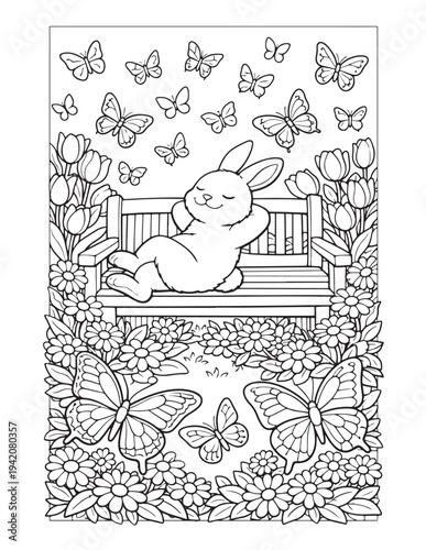 Cute bunny relaxing in a spring garden with butterflies and flowers coloring page