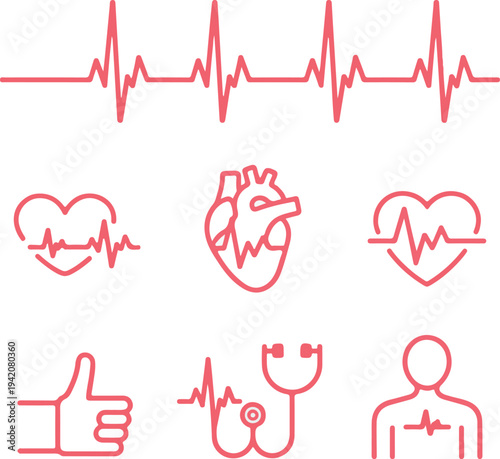 Red heartbeat line collection with heart symbol, cardiology, medical pulse, ECG, EKG design, healthcare clipart vector.