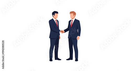 Two men in dark blue suits with red ties stand formally shaking hands, facing each other in a professional gesture against a pristine white background.