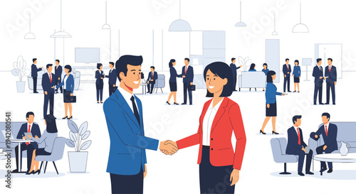 A man in a blue suit and a woman in a red jacket shake hands in the foreground of a bustling open-plan office filled with numerous networking business professionals.