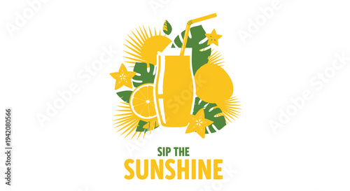 Vector illustration of cocktail with tropical leaves and sunshine