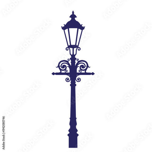 blue silhouette of a vintage street lamp post with decorative ironwork on white background  old fashioned lighting fixture