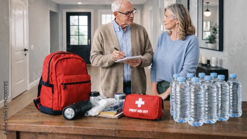 Old couple with check-list packing emergency backpack at home.
