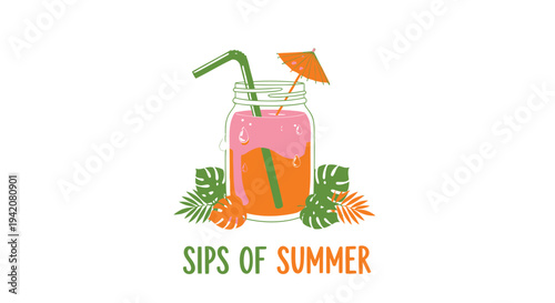 Vector illustration of summer drink with umbrella and tropical leaves