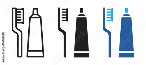 Toothbrush and Toothpaste Icon Set Oral Care, Hygiene, and Dental Health Line and Solid Vector Symbols