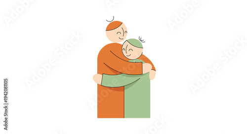 A minimalist illustration portrays two stylized figures one taller in orange and one shorter in green sharing a warm embrace on a clean white background, Generative AI